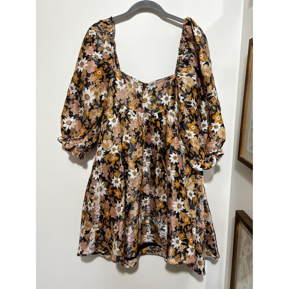 Black Floral Mini Dress Womens M Square Neck Puff Sleeve‎ Cottagecore Romantic